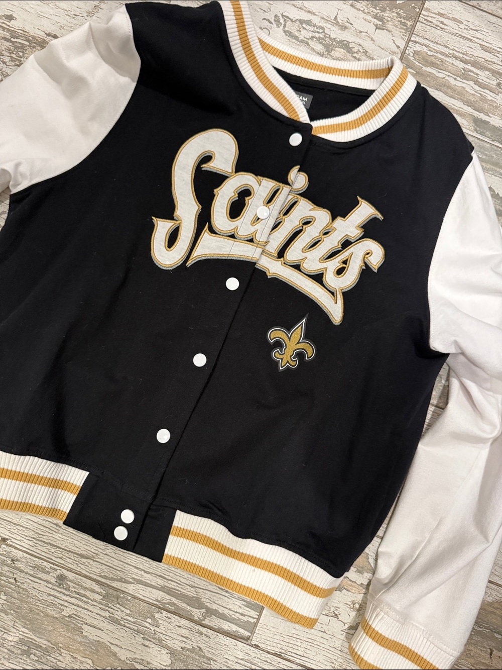 NFL Saints Black White and Gold Varsity Jacket